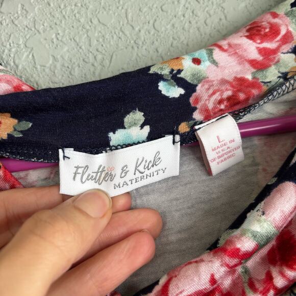 Flutter and Kick Maternity Shirt Large Blue Pink Floral Cowl Neck 3/4 Sleeve - Picture 3 of 7